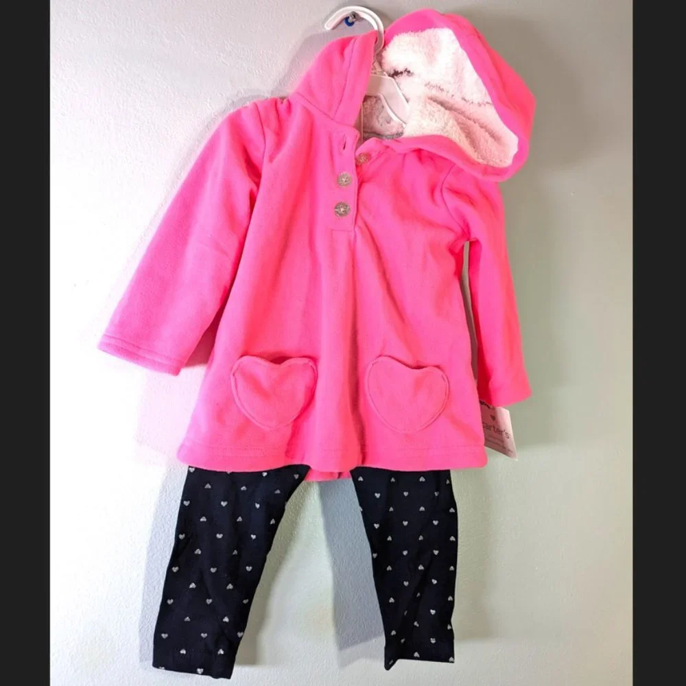 NWT Carter's Baby Girl's 2-PC Cardigan Leggings Set Hood Glittery Hearts… - Picture 1 of 7